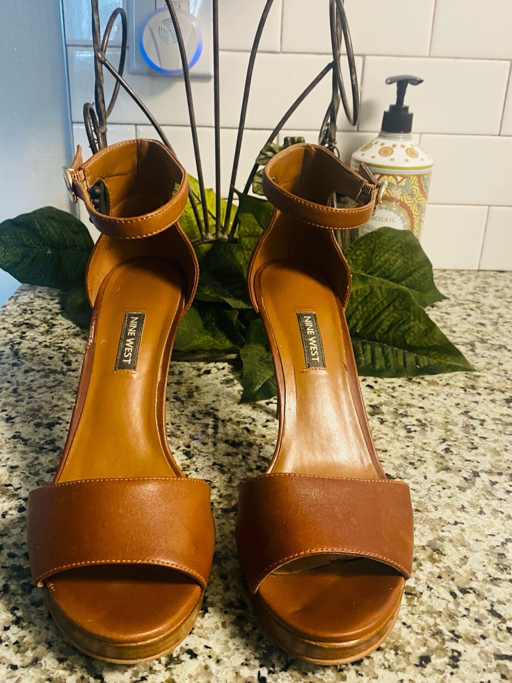 Nine West Brown Leather Ankle-Strap Platform Heels